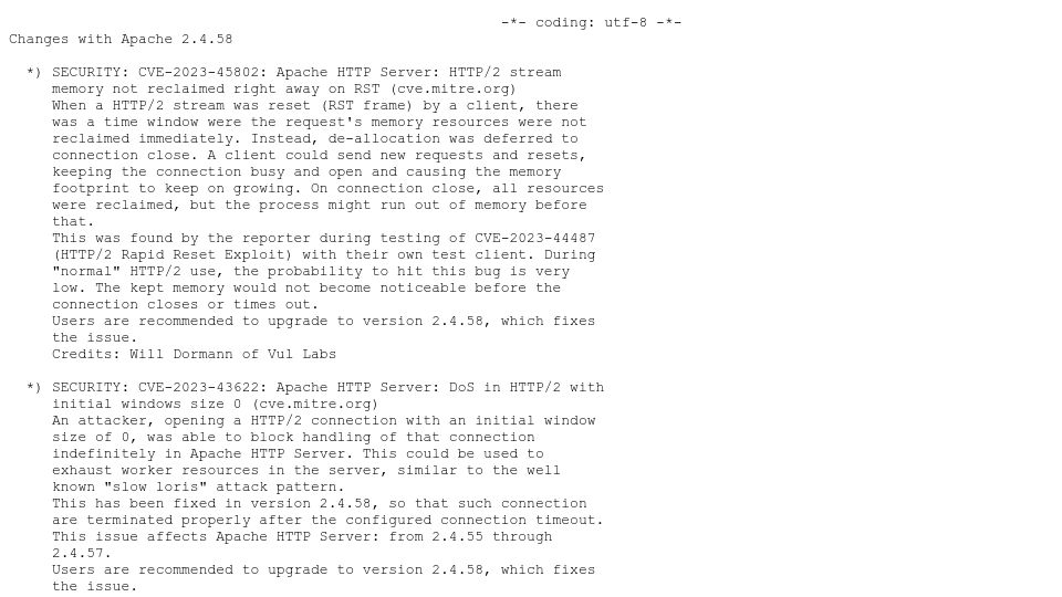 Screenshot of downloads.apache.org: Apache HTTP Server 2.4.58 (CVE fixes)