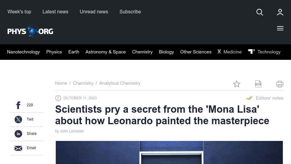 Screenshot of phys.org: Researchers find a rare compound, plumbonacrite, in first layer of Mona Lisa