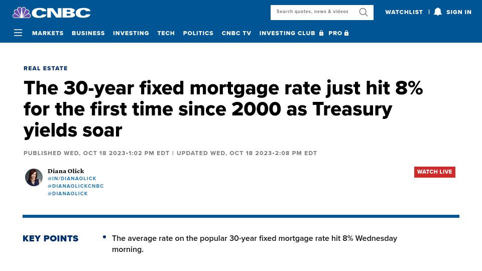 Screenshot of cnbc.com: 30-year fixed mortgage rate just hit 8% for the first time since 2000