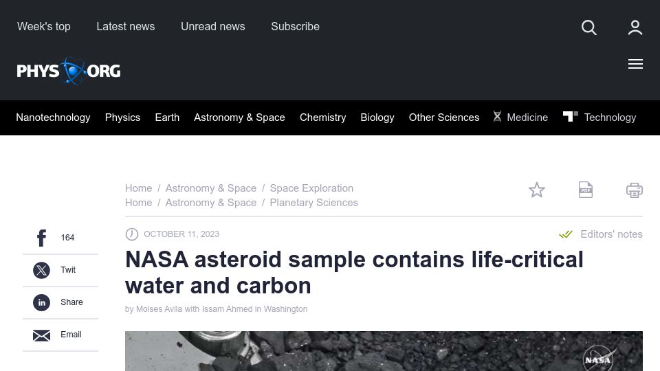 Screenshot of phys.org: NASA asteroid sample contains life-critical water and carbon