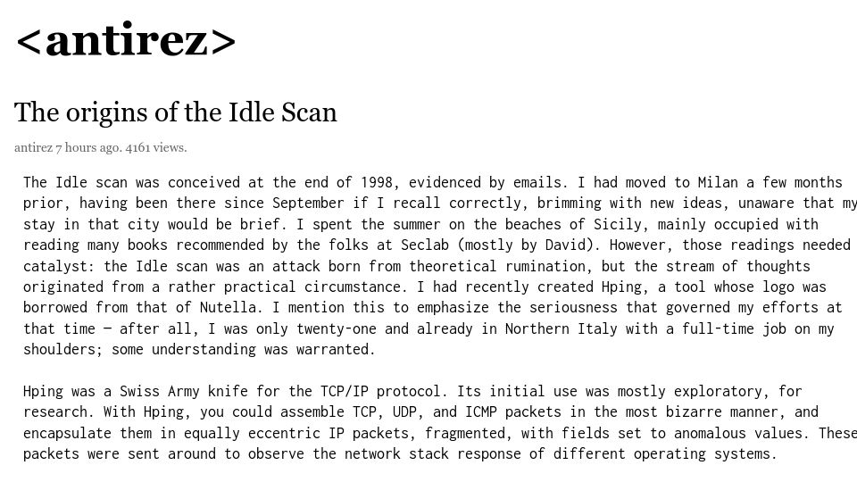 Screenshot of antirez.com: The origins of the Idle Scan