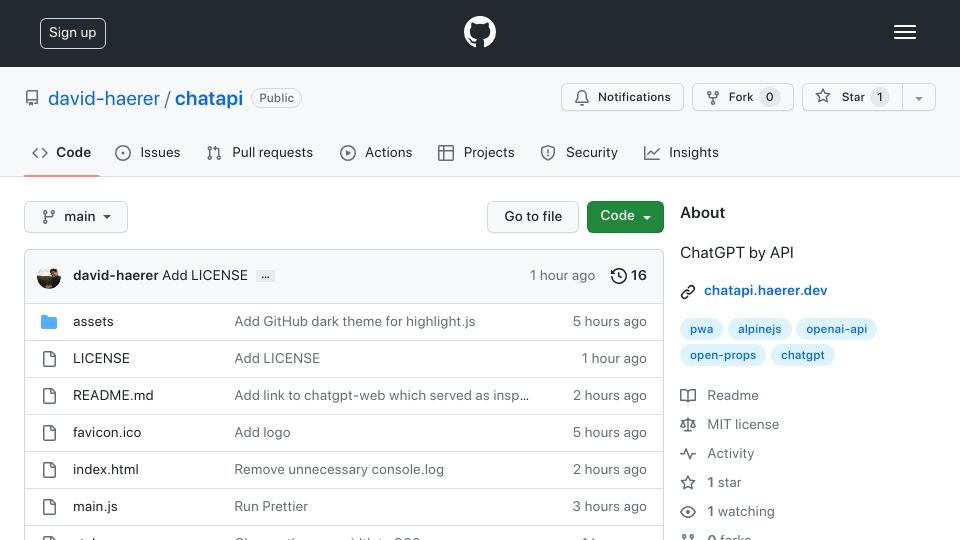 Screenshot of github.com: Show HN: ChatAPI – PWA to Use ChatGPT by API