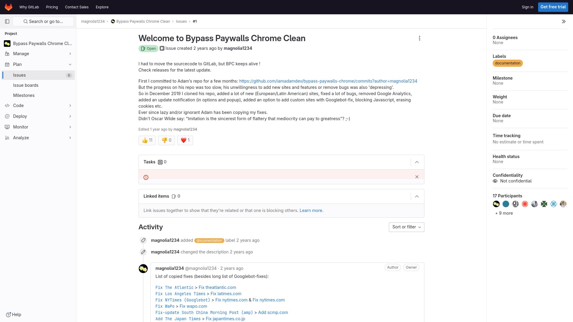 Screenshot of gitlab.com: Welcome to Bypass Paywalls Chrome Clean (2021)