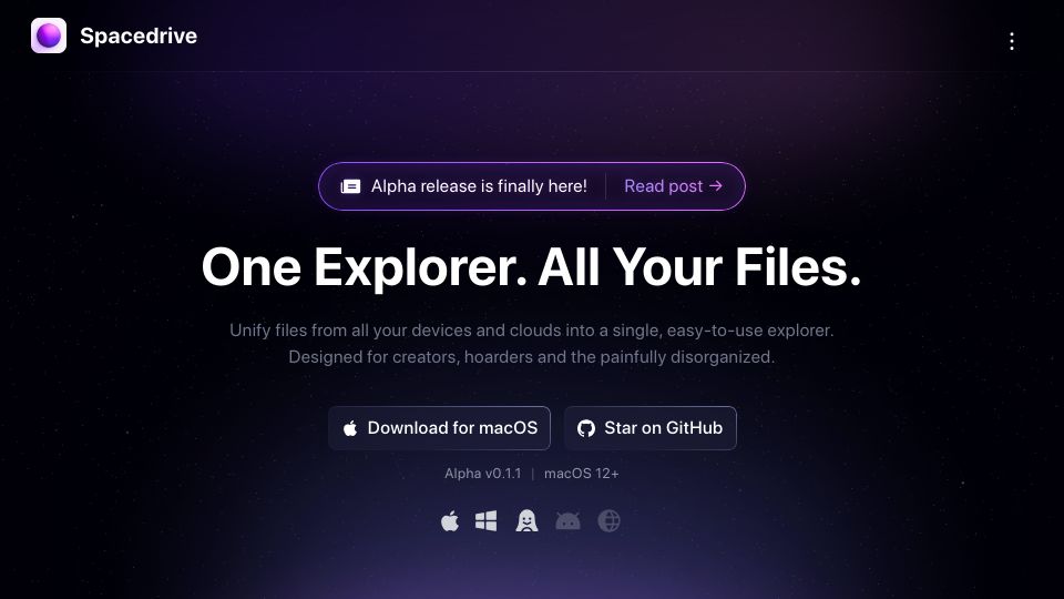 Screenshot of spacedrive.com: Spacedrive: Unify files from all your devices and clouds into one explorer