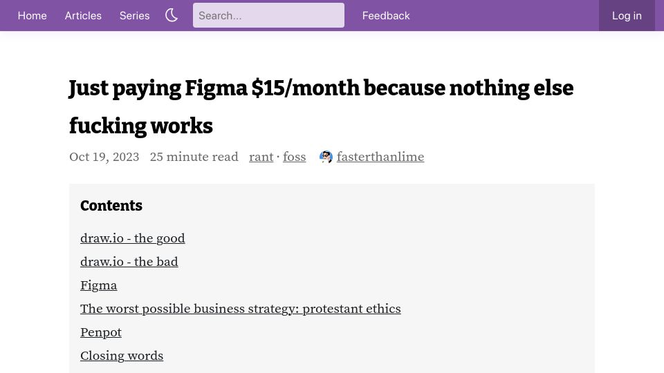 Screenshot of fasterthanli.me: Just paying Figma because nothing else works