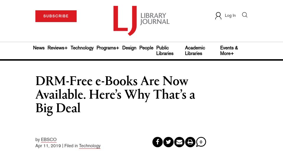 Screenshot of libraryjournal.com: DRM-free e-books are a big deal (2019)