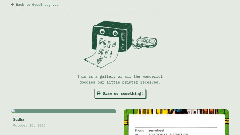 Screenshot of guestbook.goodenough.us: "We have a thermal printer hooked up to the internet, you can send us a doodle"