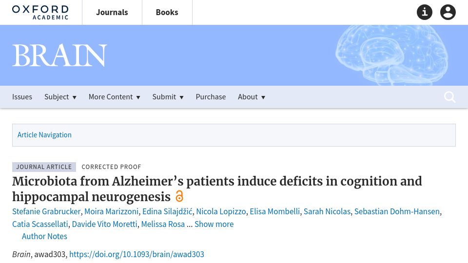 Screenshot of academic.oup.com: Alzheimer's microbiota induce deficits in cognition and hippocampal neurogenesis