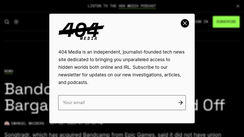 Screenshot of 404media.co: Bandcamp's Entire Union Bargaining Team Was Laid Off