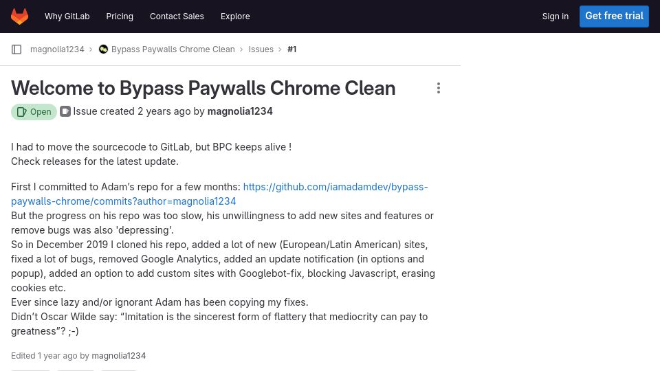Screenshot of gitlab.com: Welcome to Bypass Paywalls Chrome Clean (2021)