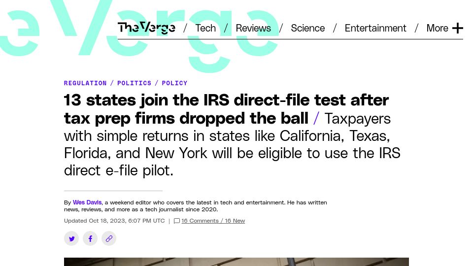 Screenshot of theverge.com: 13 States join the IRS direct-file test after tax prep firms dropped the ball