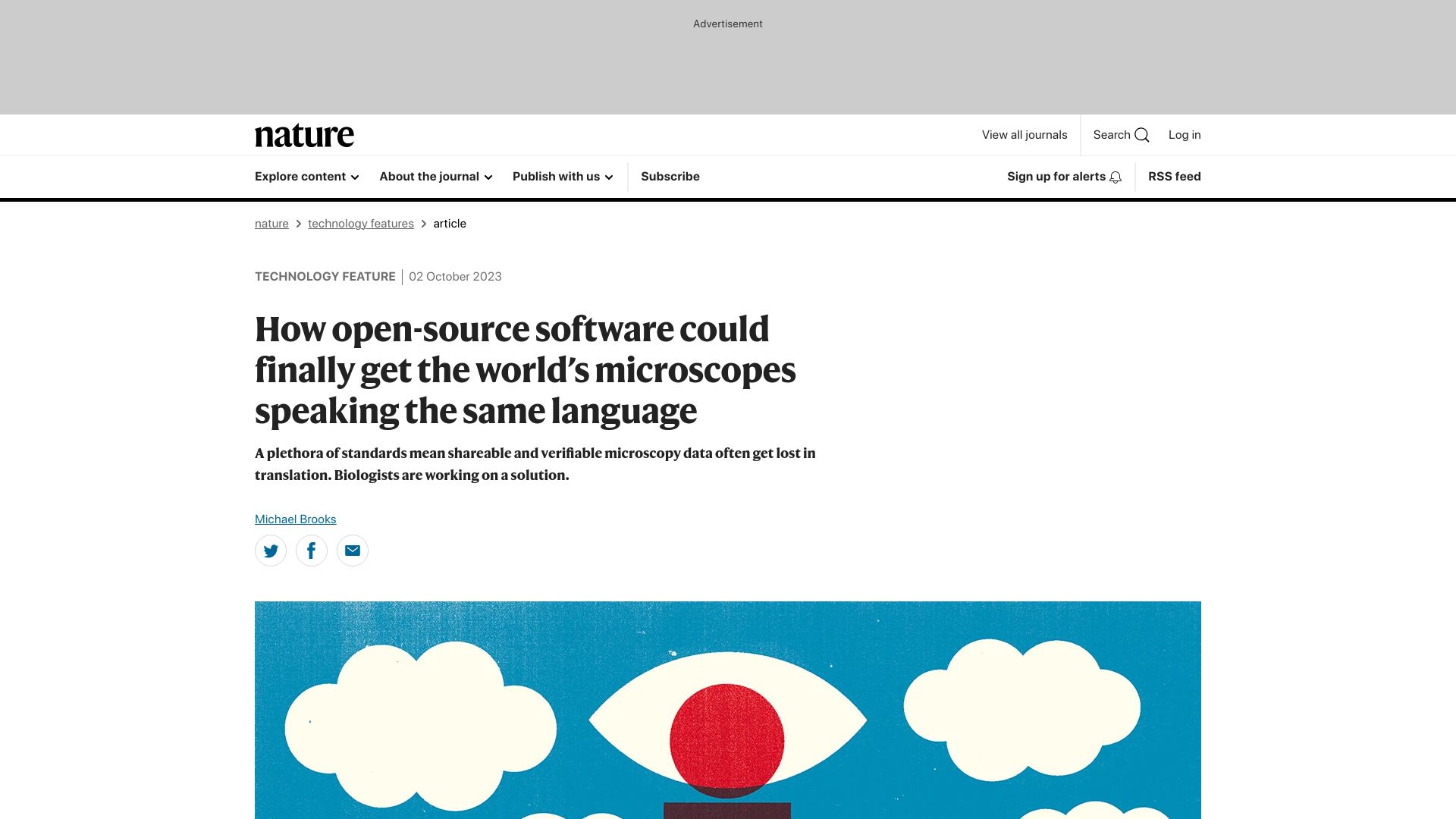 Screenshot of nature.com: Open-source could finally get the world’s microscopes speaking the same language