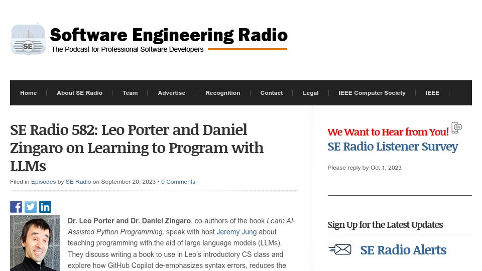 Screenshot of se-radio.net: On Learning to Program with LLMs