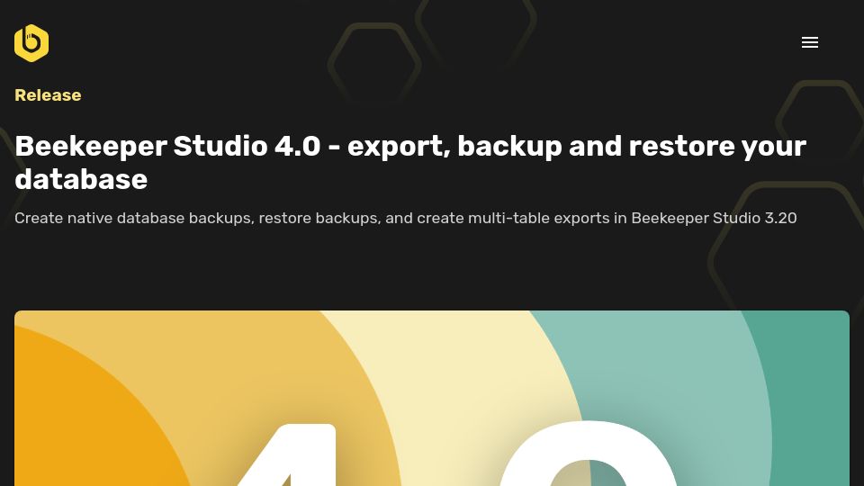 Screenshot of beekeeperstudio.io: Beekeeper Studio SQL editor 4.0 – Import. backup, restore, and bigquery