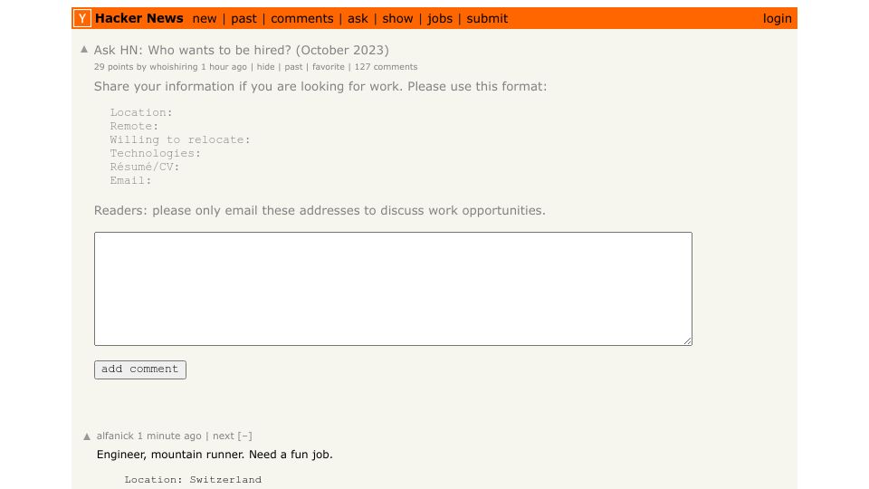 Screenshot of Hacker News post: Ask HN: Who wants to be hired? (October 2023)