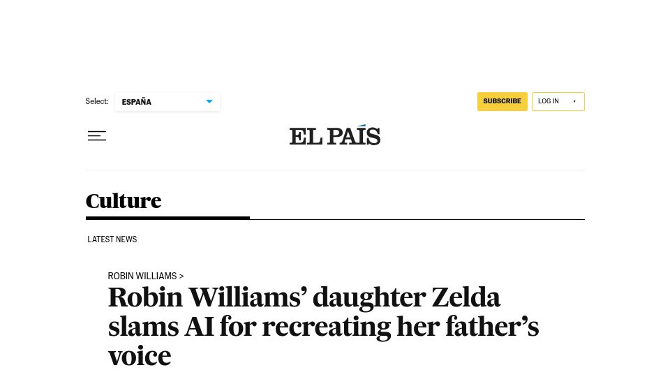Screenshot of english.elpais.com: Robin Williams’ daughter Zelda slams AI for recreating her father’s voice