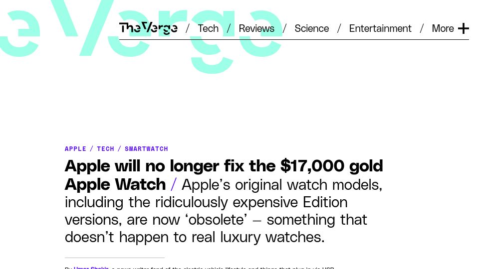 Screenshot of theverge.com: Apple will no longer fix the $17,000 gold Apple Watch