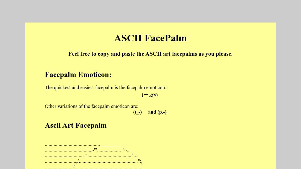 Screenshot of asciifacepalm.com: ASCII FacePalm