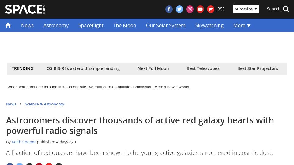 Screenshot of space.com: Astronomers discover thousands of red galaxy hearts with powerful radio signals