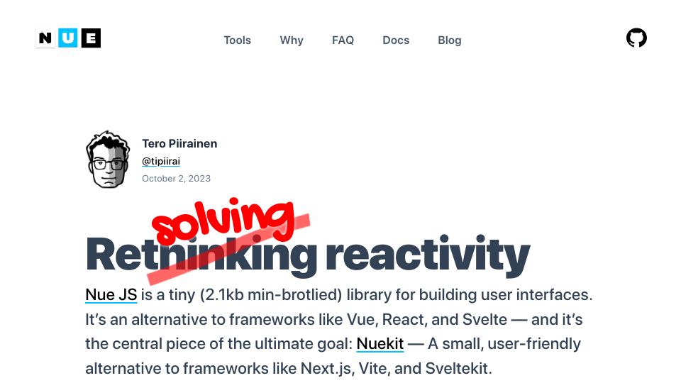 Screenshot of nuejs.org: Nue.js: Rethinking Reactivity