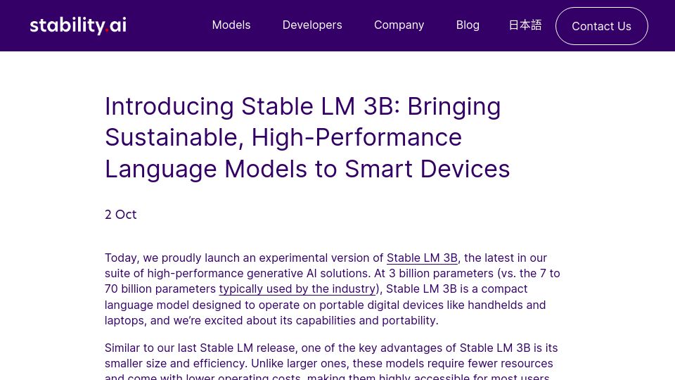 Screenshot of stability.ai: Stable LM 3B: Bringing Sustainable, High-Performance LMs to Smart Devices
