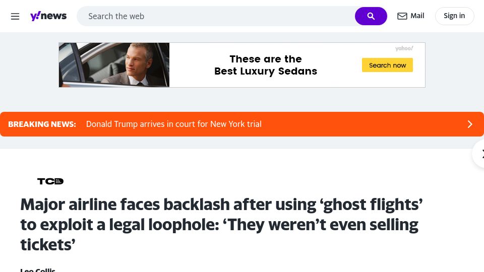 Screenshot of news.yahoo.com: Major airline faces backlash after using ghost flights to exploit legal loophole