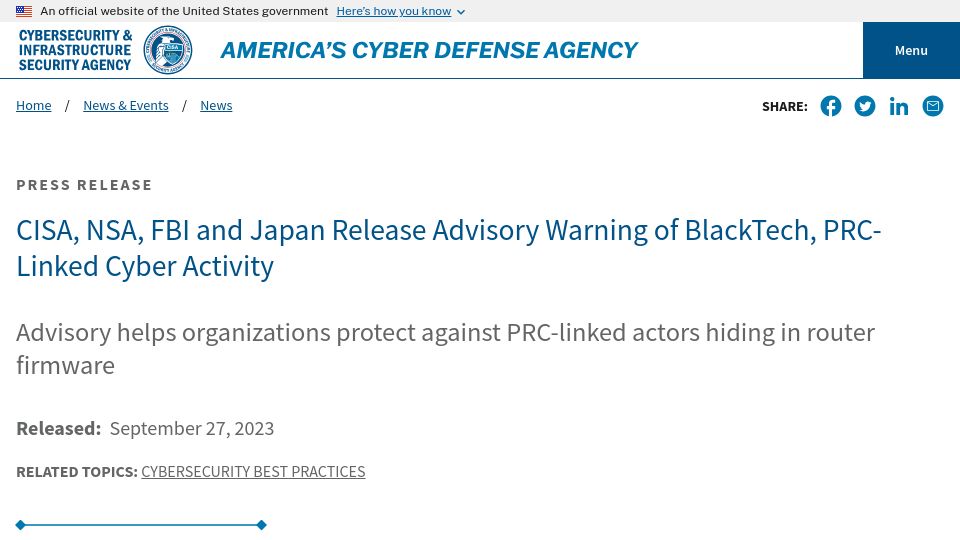 Screenshot of cisa.gov: CISA, NSA, FBI Release Advisory Warning of BlackTech, PRC-Linked Cyber Activity