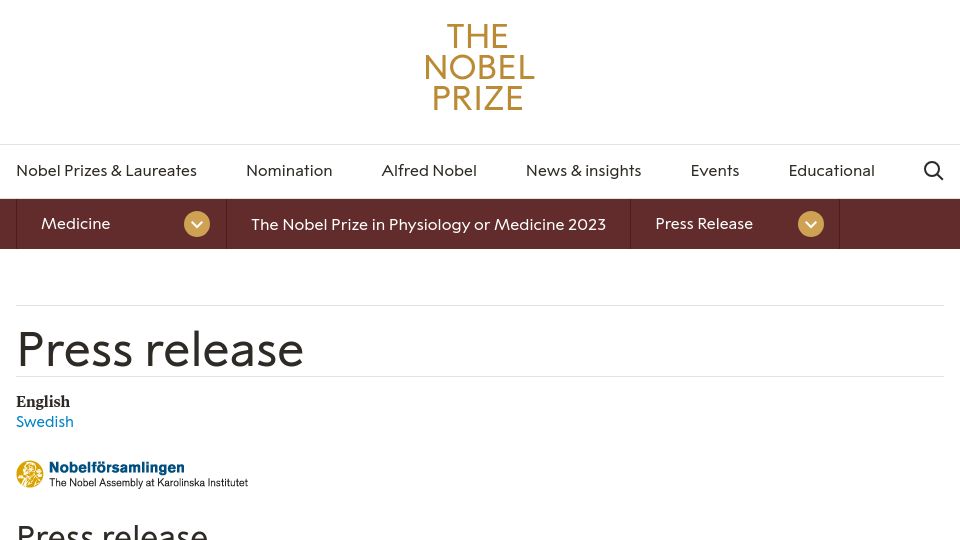 Screenshot of nobelprize.org: Nobel Prize in Medicine awarded to Katalin Karikó and Drew Weissman