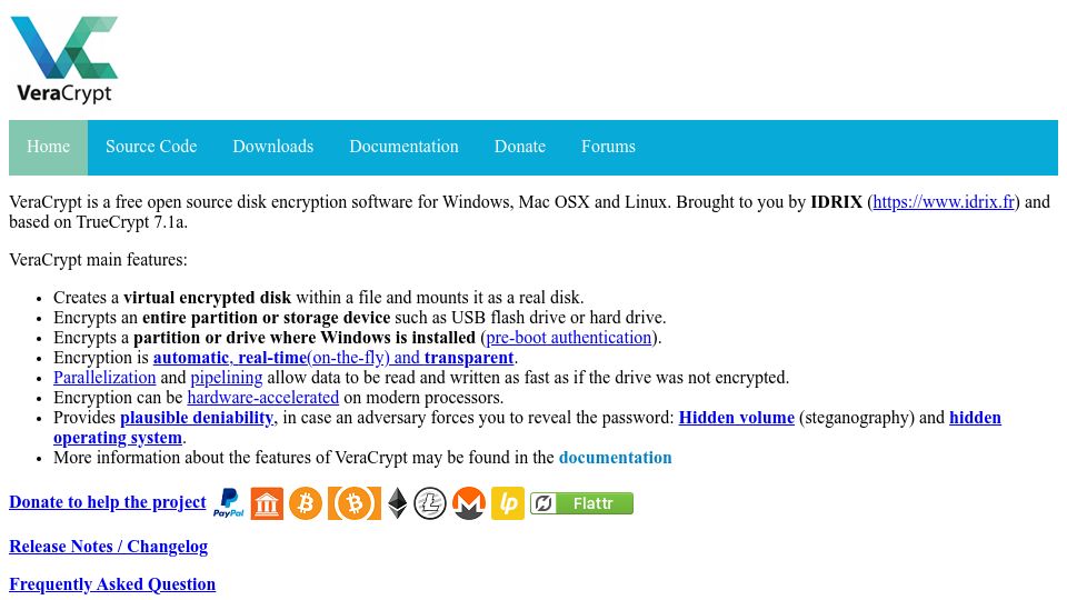 Screenshot of veracrypt.fr: VeraCrypt: Free open-source disk encryption for Windows, Mac OS X, Linux