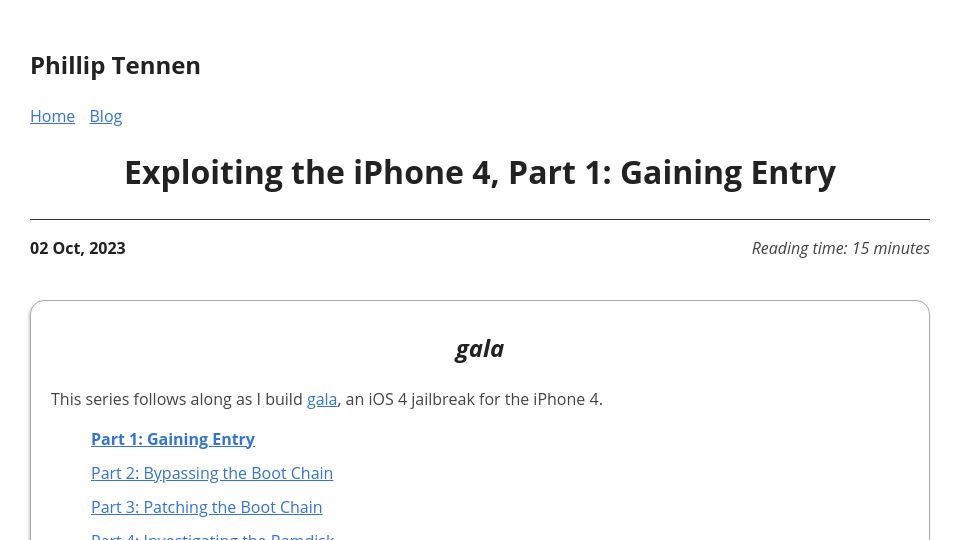 Screenshot of axleos.com: Exploiting the iPhone 4