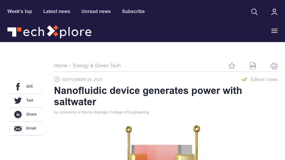 Screenshot of techxplore.com: Nanofluidic device generates power with saltwater