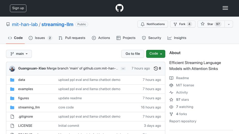 Screenshot of github.com: Efficient streaming language models with attention sinks