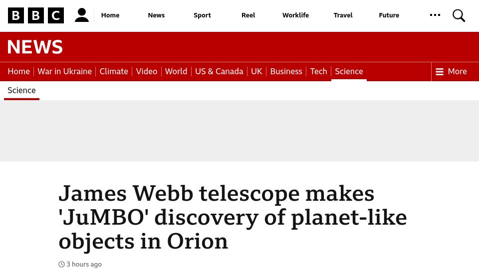Screenshot of bbc.co.uk: James Webb Telescope makes 'JuMBO' discovery of planet-like objects in Orion
