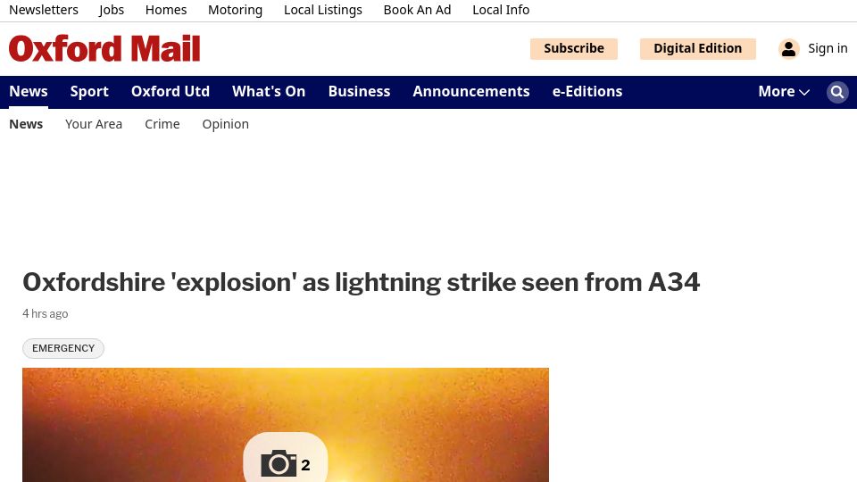 Screenshot of oxfordmail.co.uk: Oxford 'explosion' after lightning strike seen from A34