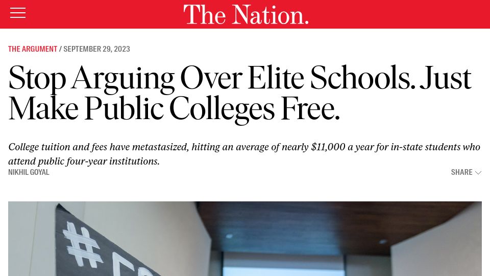Screenshot of thenation.com: Stop Arguing over Elite Schools. Just Make Public Colleges Free