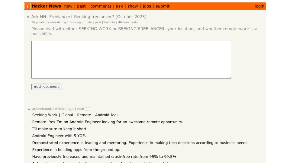 Screenshot of Hacker News post: Ask HN: Freelancer? Seeking freelancer? (October 2023)