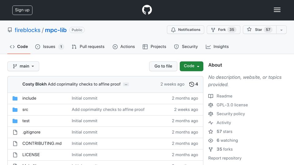 Screenshot of github.com: Fireblocks OSS Multi-Party Computation Library