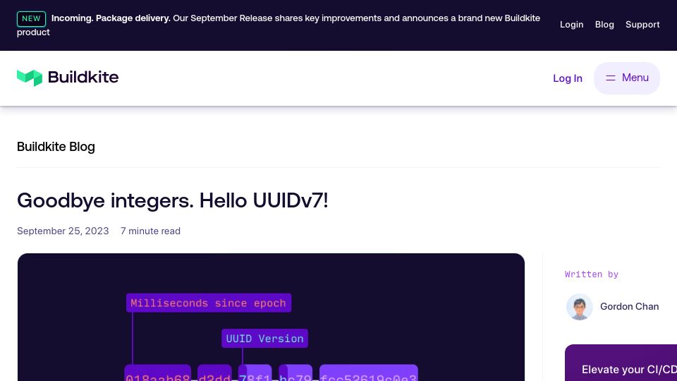 Screenshot of buildkite.com: Goodbye integers, hello UUIDv7
