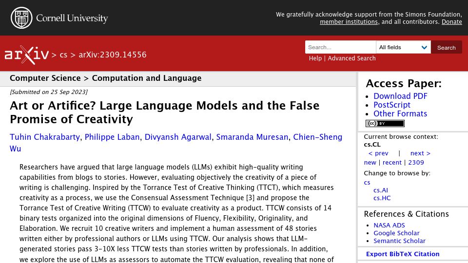 Screenshot of arxiv.org: Art or Artifice? Large Language Models and the False Promise of Creativity