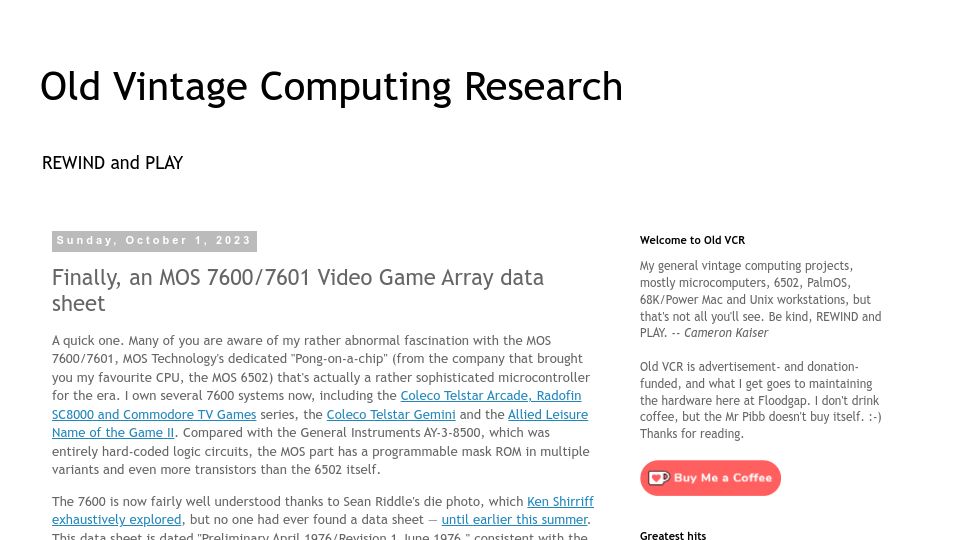 Screenshot of oldvcr.blogspot.com: Finally, an MOS 7600/7601 Video Game Array data sheet