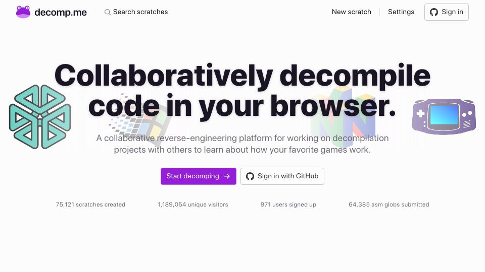 Screenshot of decomp.me: Decomp me: Collaboratively decompile code in the browser