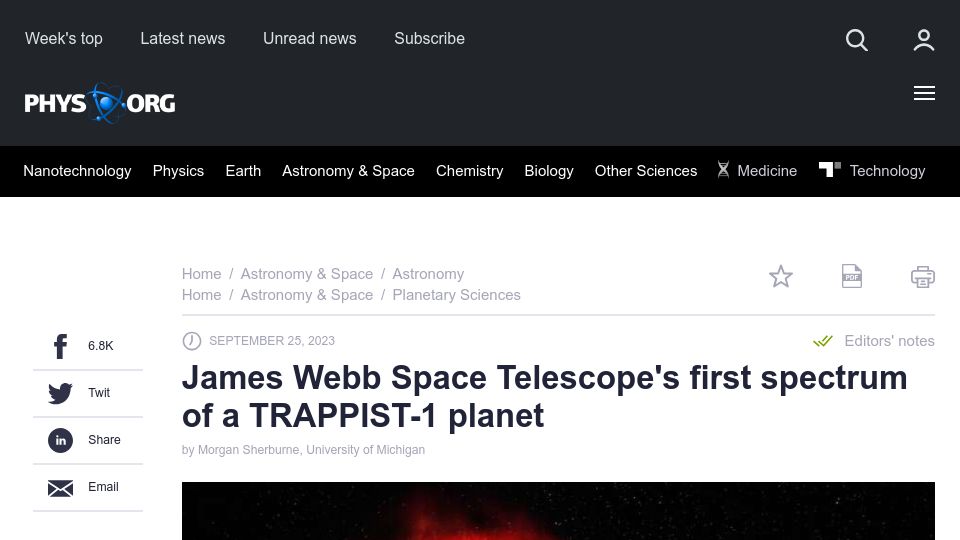 Screenshot of phys.org: JWST's first spectrum of a TRAPPIST-1 planet