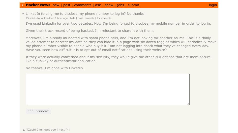 Screenshot of Hacker News post: LinkedIn forcing me to disclose my phone number to log in? No thanks