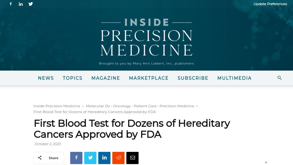 Screenshot of insideprecisionmedicine.com: First blood test for dozens of hereditary cancers approved by FDA