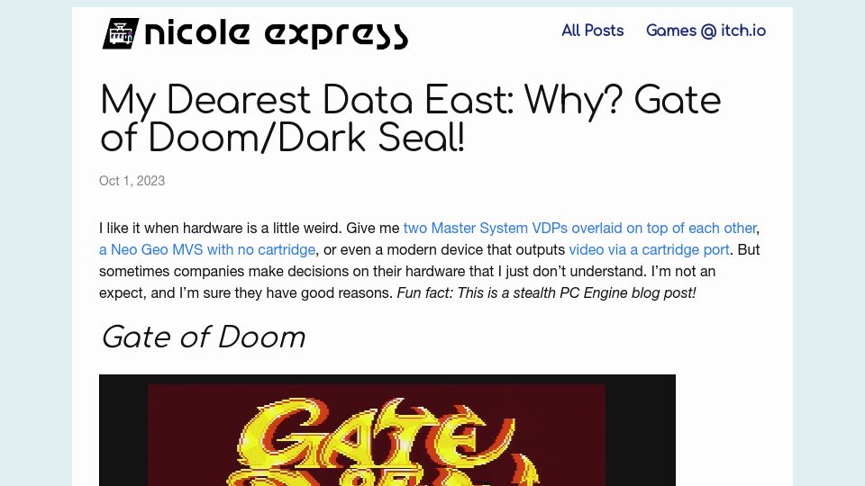 Screenshot of nicole.express: My Dearest Data East: Why? Gate of Doom/Dark Seal