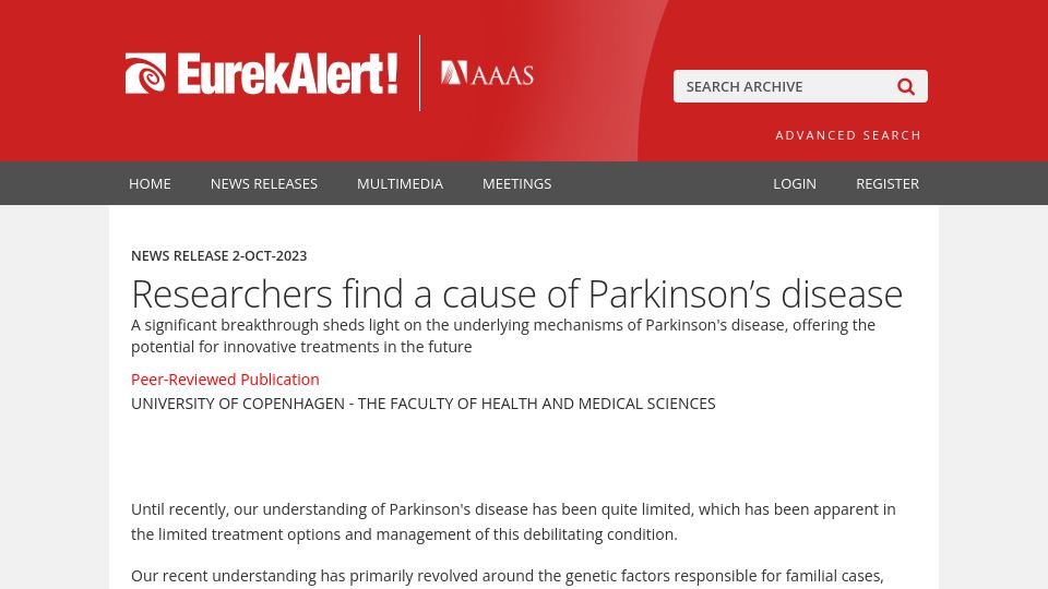 Screenshot of eurekalert.org: Mitochondrial DNA damage triggers spread of Parkinson’s disease-like pathology