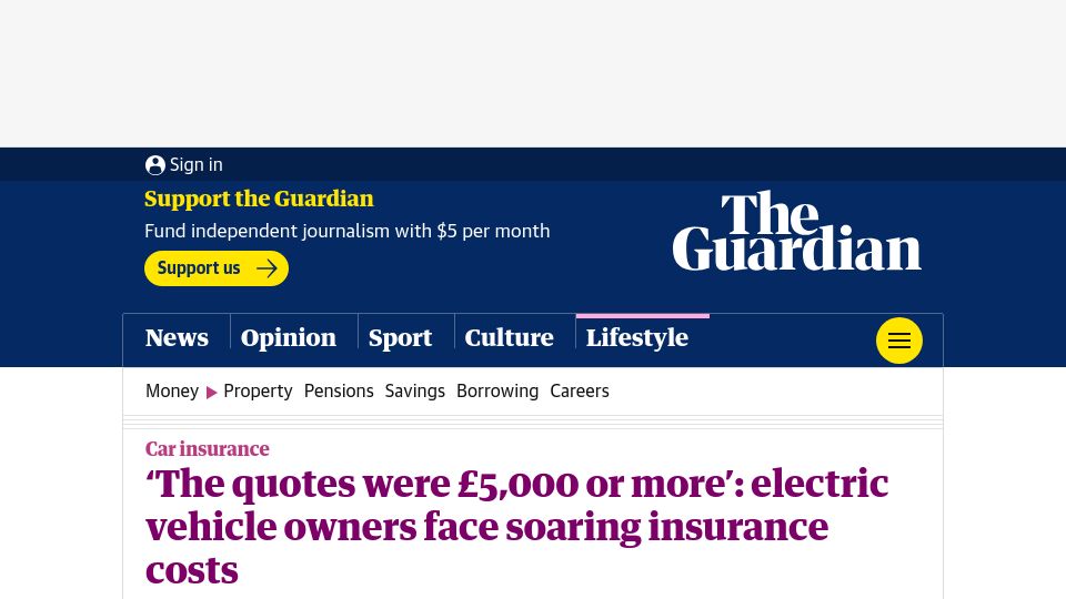 Screenshot of theguardian.com: ‘Quotes were £5000 or more’: electric vehicle owners face soaring insurance cost