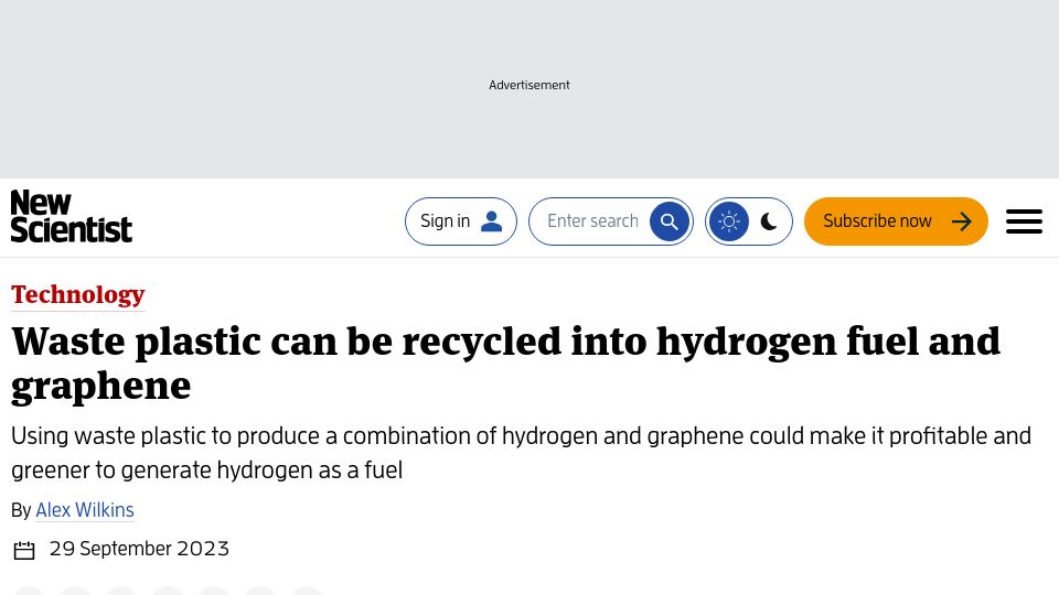 Screenshot of newscientist.com: Waste plastic can be recycled into hydrogen fuel and graphene