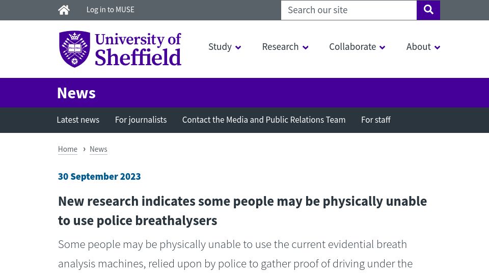 Screenshot of sheffield.ac.uk: Some people may be physically unable to use police breathalysers – study