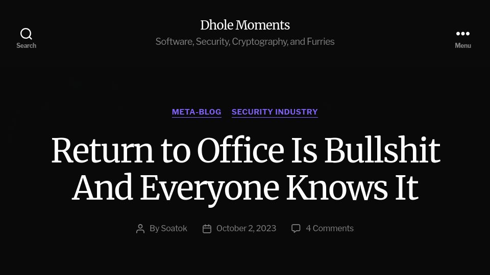Screenshot of soatok.blog: Return to Office Is Bullshit and Everyone Knows It